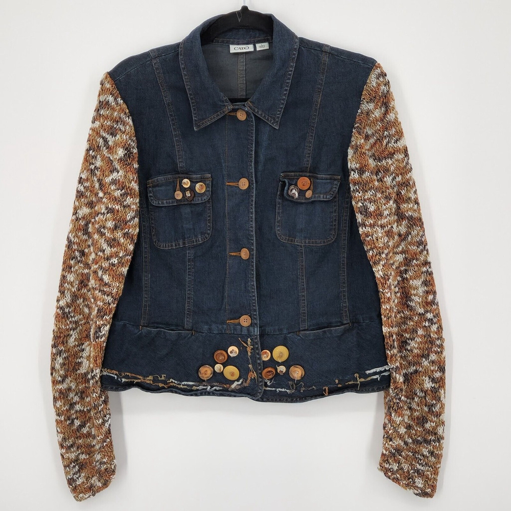 Denim Jacket Knit Long Sleeves Buttons Eclectic Bohemian Retro Thick Stitch L